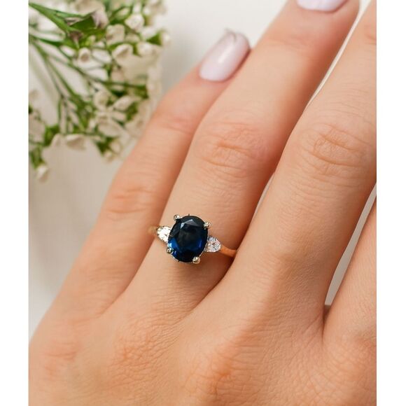 NEW Prong Set Cobalt Blue Oval Stone 18K Rose Gold Plated Nickel Free Ring 5.75 - Picture 1 of 9